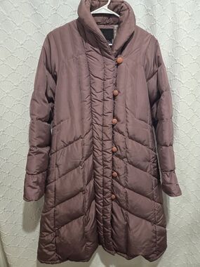 VTG 80s Townley Long Down Puffer Coat Mauve Scalloped Hem Large Petite 80/20